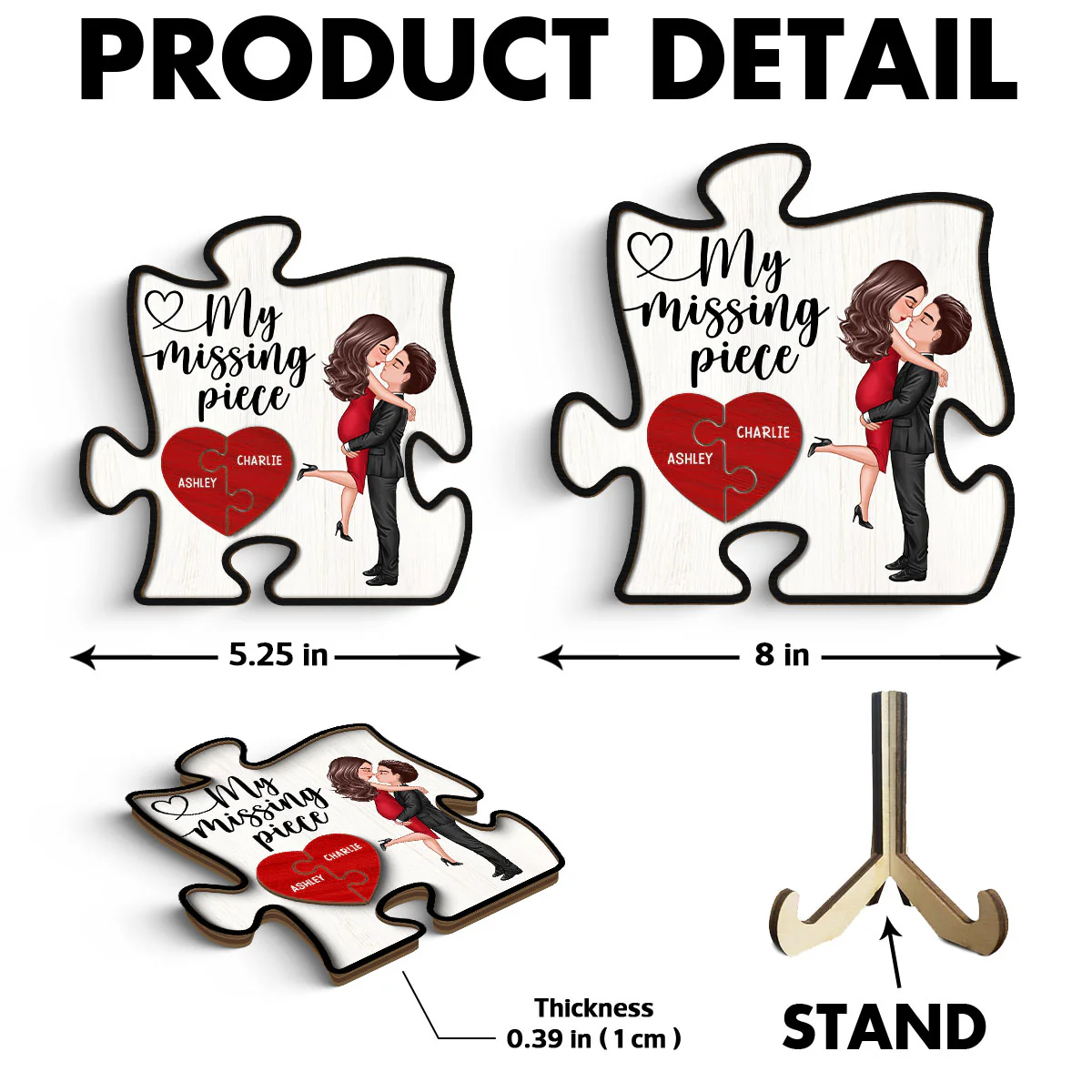 My Missing Piece Couple Hugging Kissing Puzzle Shaped - Personalized 2-Layered Wooden Plaque - Anniversary Gift For Couple, For Dad Mom - Image 6