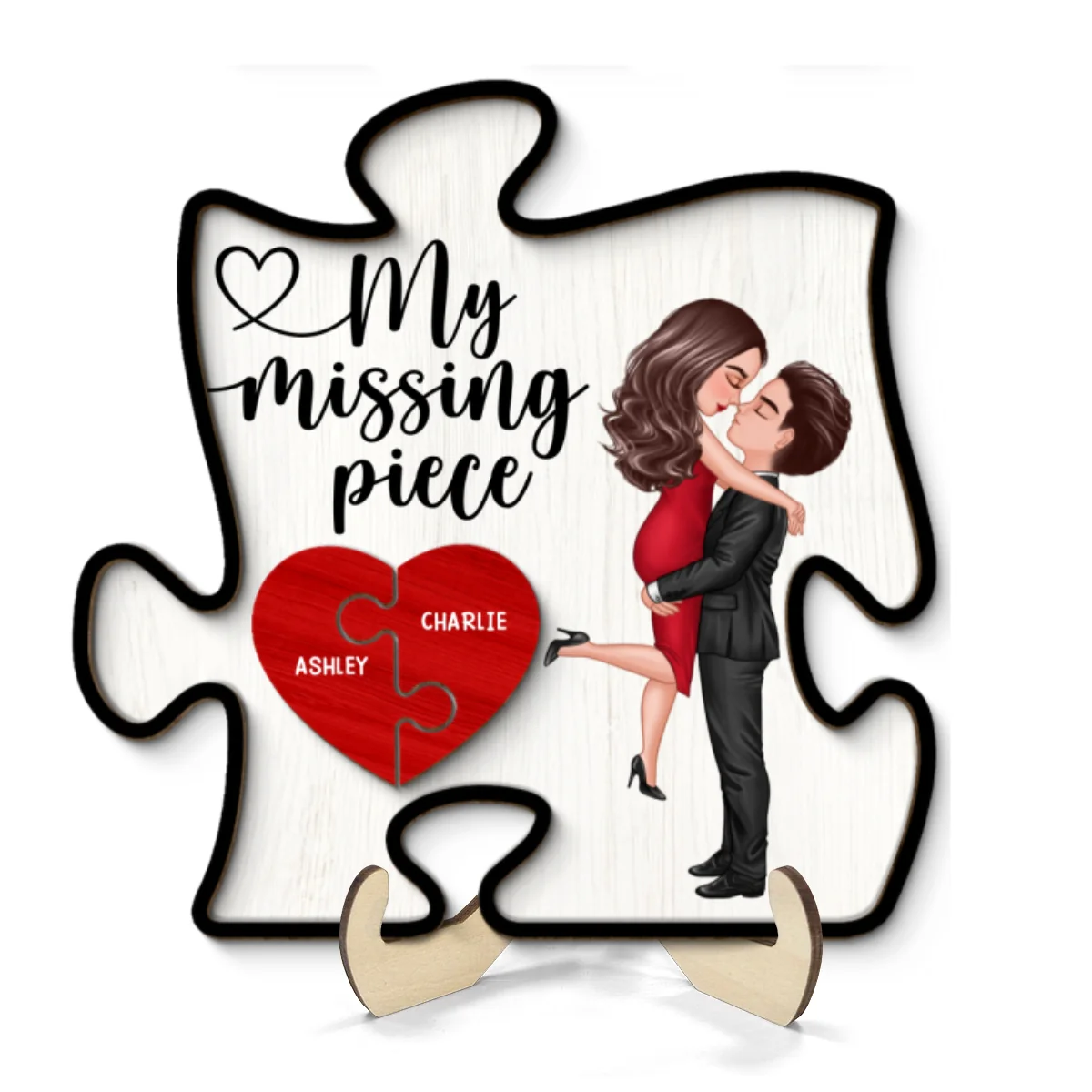 My Missing Piece Couple Hugging Kissing Puzzle Shaped - Personalized 2-Layered Wooden Plaque - Anniversary Gift For Couple, For Dad Mom - Image 8
