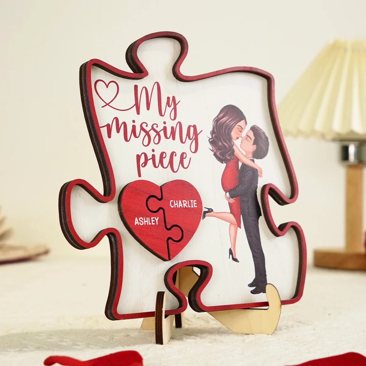 My Missing Piece Couple Hugging Kissing Red Puzzle Shaped Personalized 2-Layer Wooden Plaque, Anniversary Gift, Gift - Image 3