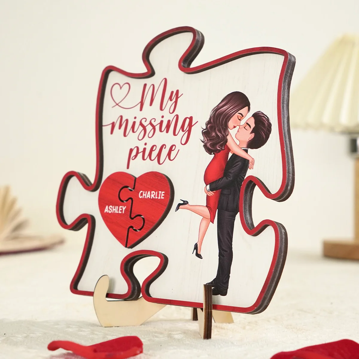 My Missing Piece Couple Hugging Kissing Red Puzzle Shaped Personalized 2-Layer Wooden Plaque, Anniversary Gift, Gift - Image 4