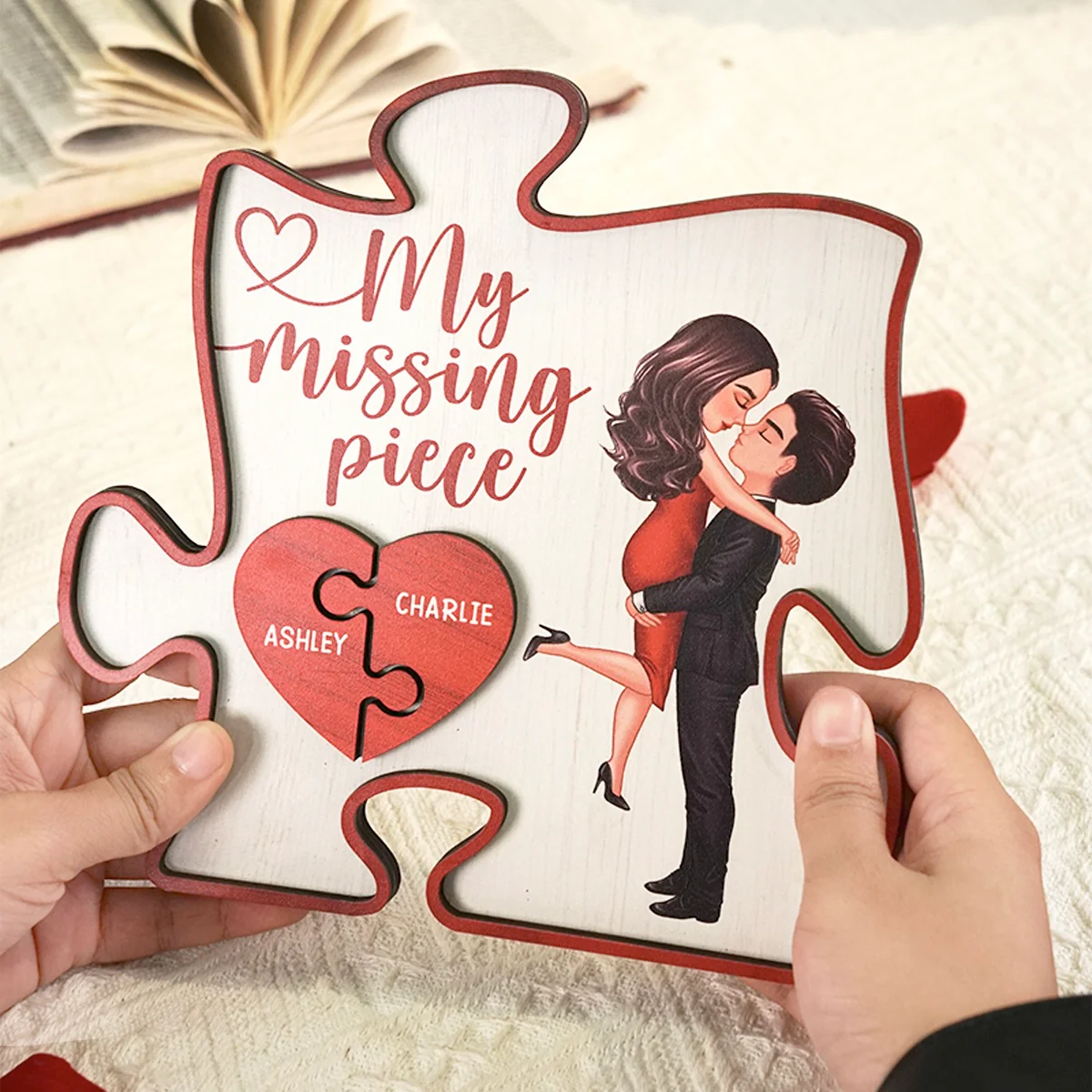 My Missing Piece Couple Hugging Kissing Red Puzzle Shaped Personalized 2-Layer Wooden Plaque, Anniversary Gift, Gift - Image 5