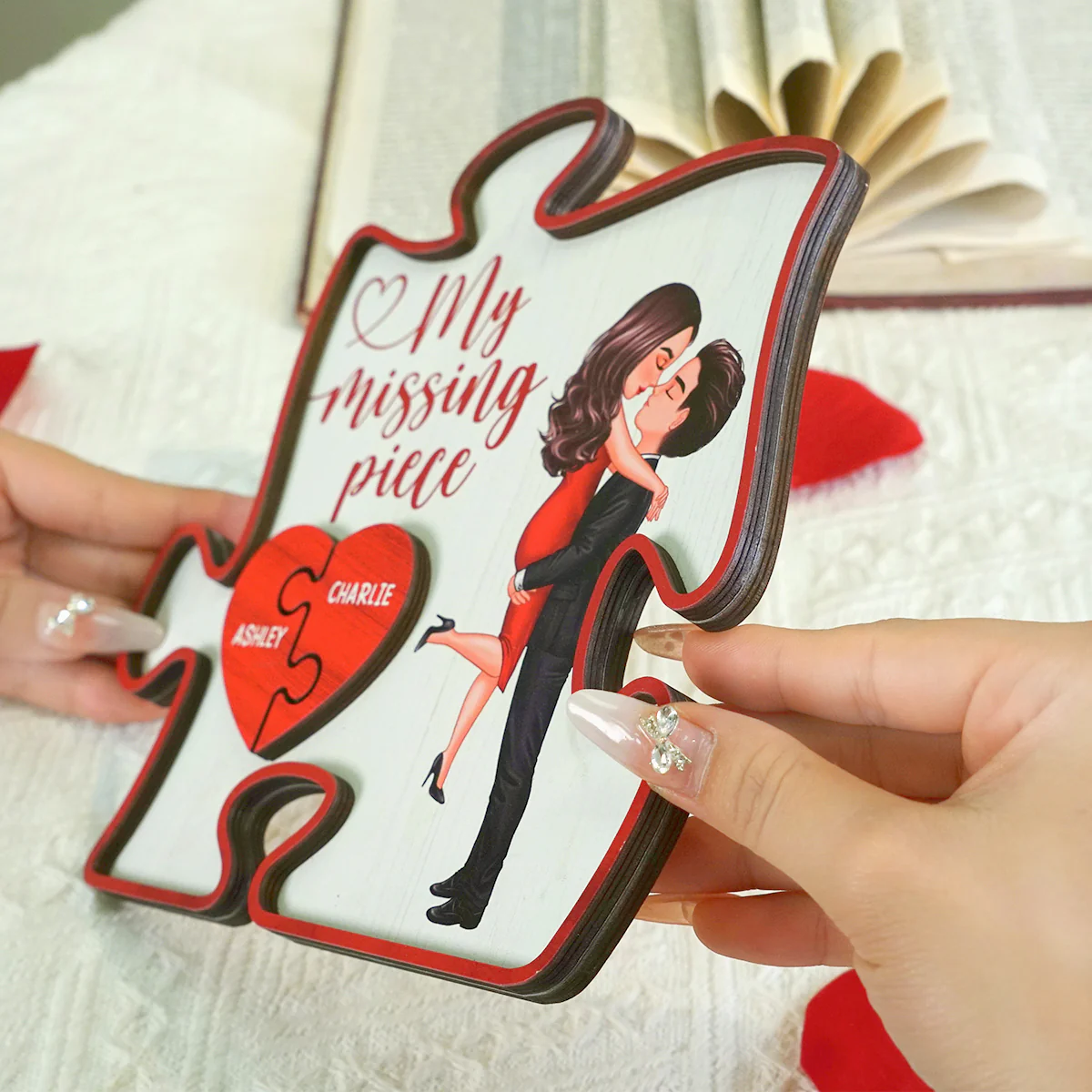 My Missing Piece Couple Hugging Kissing Red Puzzle Shaped Personalized 2-Layer Wooden Plaque, Anniversary Gift, Gift - Image 6