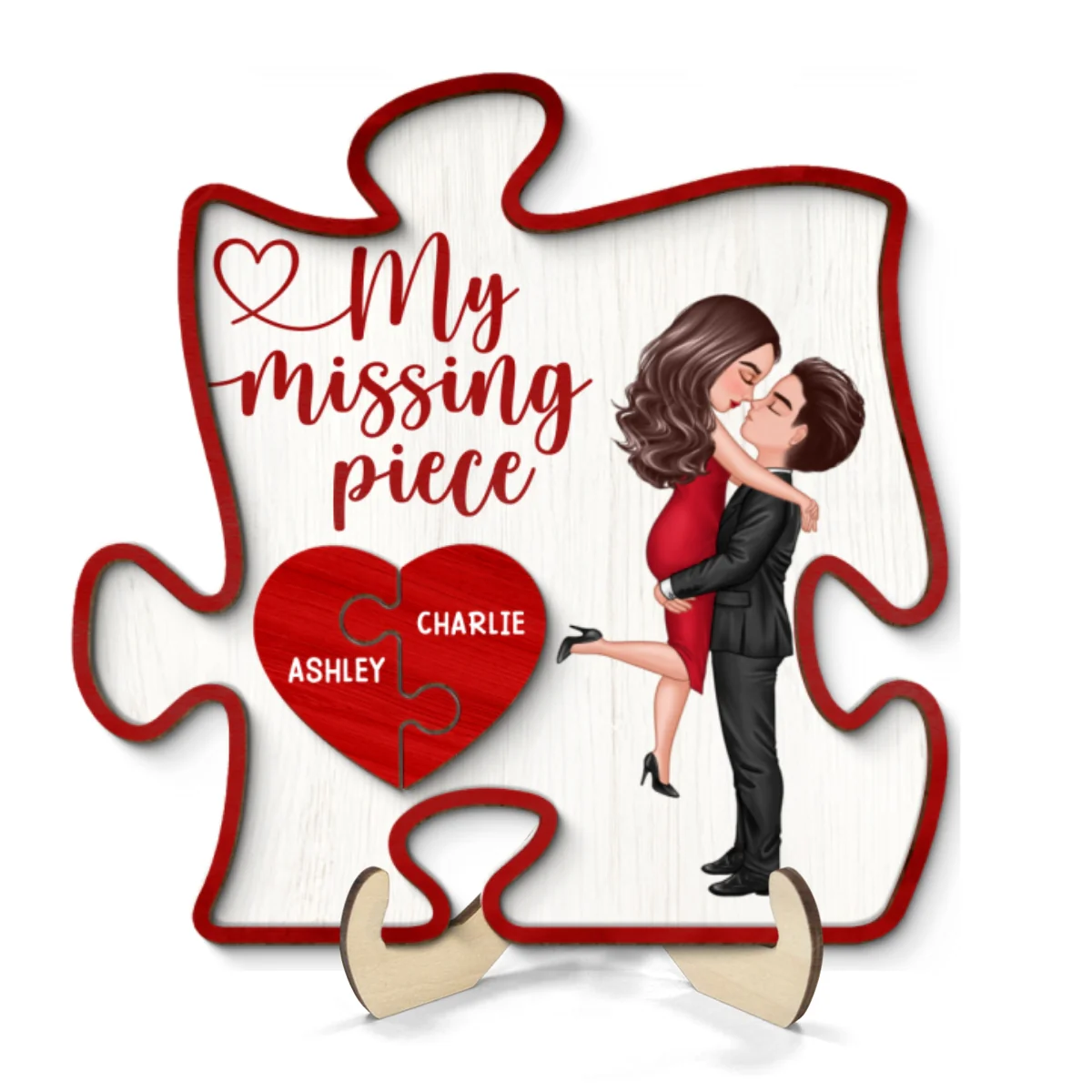 My Missing Piece Couple Hugging Kissing Red Puzzle Shaped Personalized 2-Layer Wooden Plaque, Anniversary Gift, Gift - Image 8