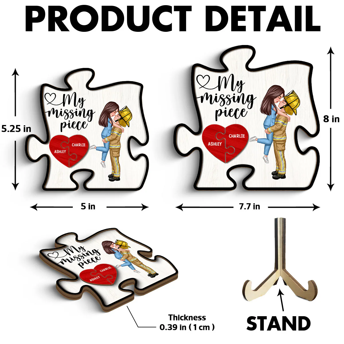 My Missing Piece Couple Hugging Kissing Valentine‘s Day Gifts by Occupation Gift For Her Gift For Him Firefighter, Nurse, Police Officer Personalized Puzzle Shaped 2-Layer Wooden Plaque - Image 6