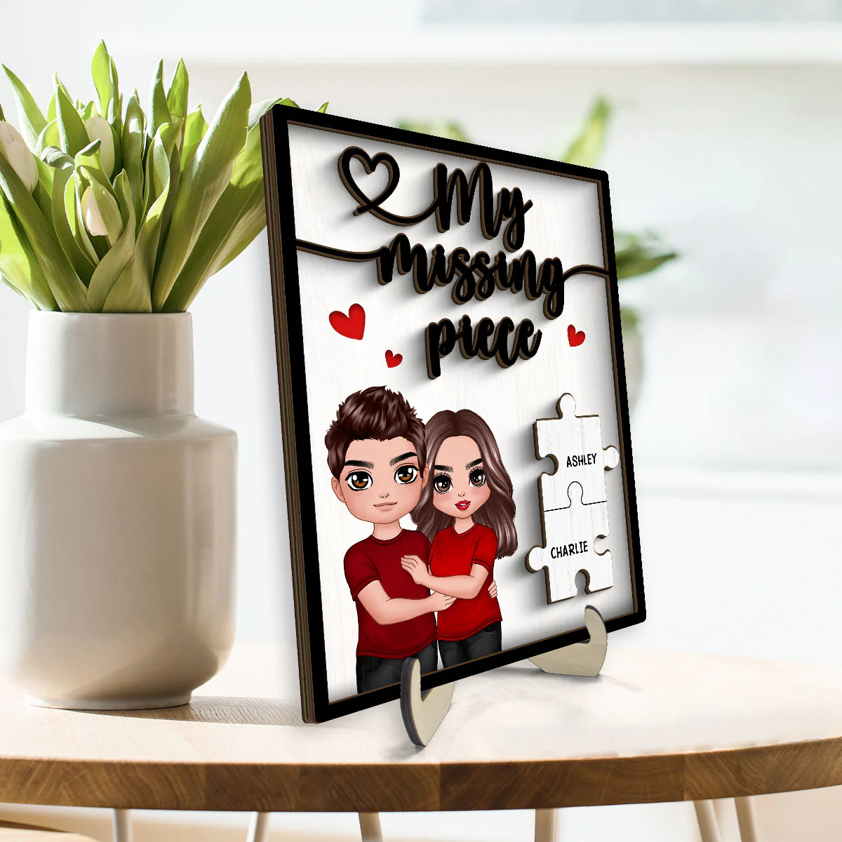 My Missing Piece Couple Hugging Standing Valentine‘s Day Gift For Her Gift For Him Personalized 2-Layer Wooden Plaque - Image 3