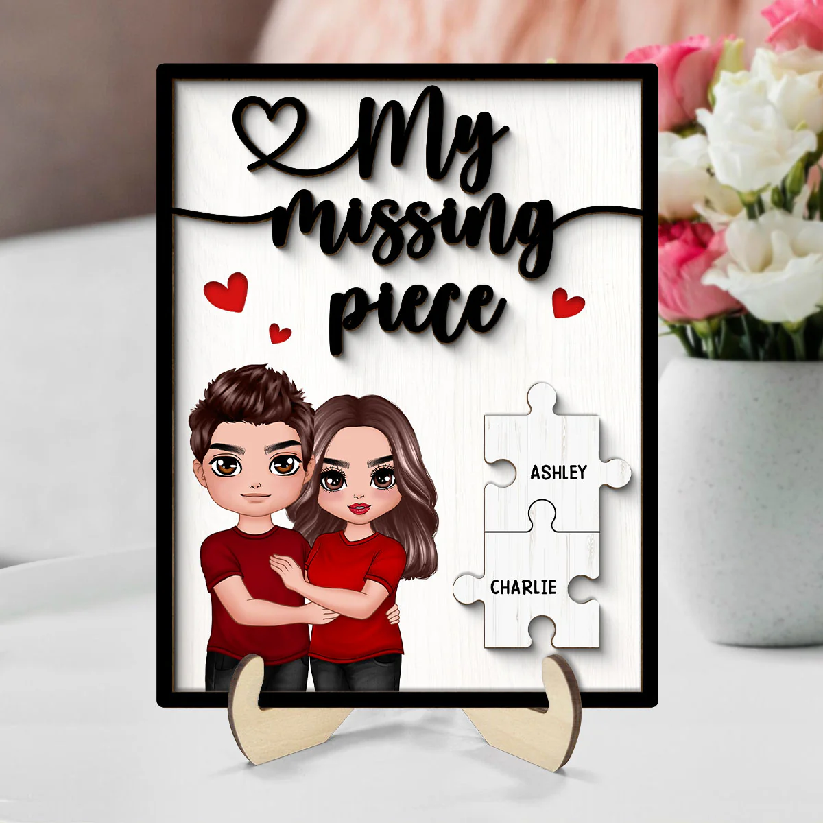 My Missing Piece Couple Hugging Standing Valentine‘s Day Gift For Her Gift For Him Personalized 2-Layer Wooden Plaque - Image 8