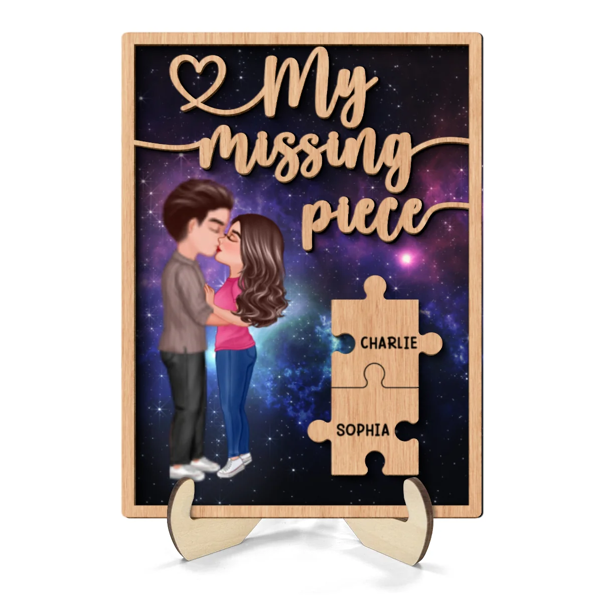 My Missing Piece Couple Kissing Galaxy Valentine‘s Day Gift For Him For Her Personalized 2-Layer Wooden Plaque - Image 10