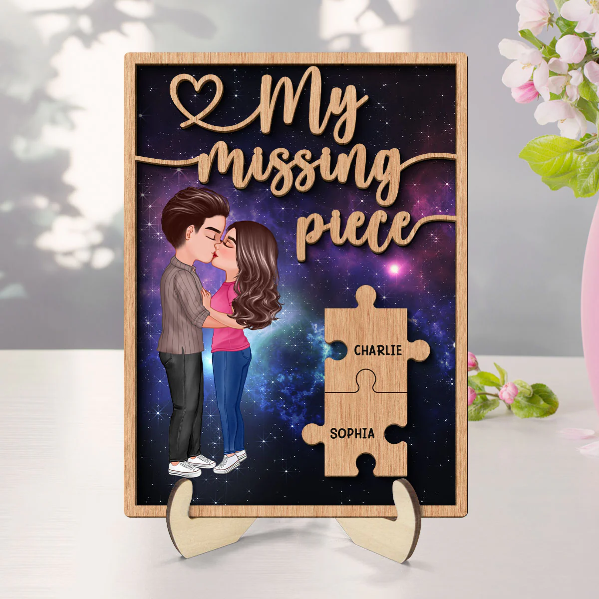 My Missing Piece Couple Kissing Galaxy Valentine‘s Day Gift For Him For Her Personalized 2-Layer Wooden Plaque - Image 8
