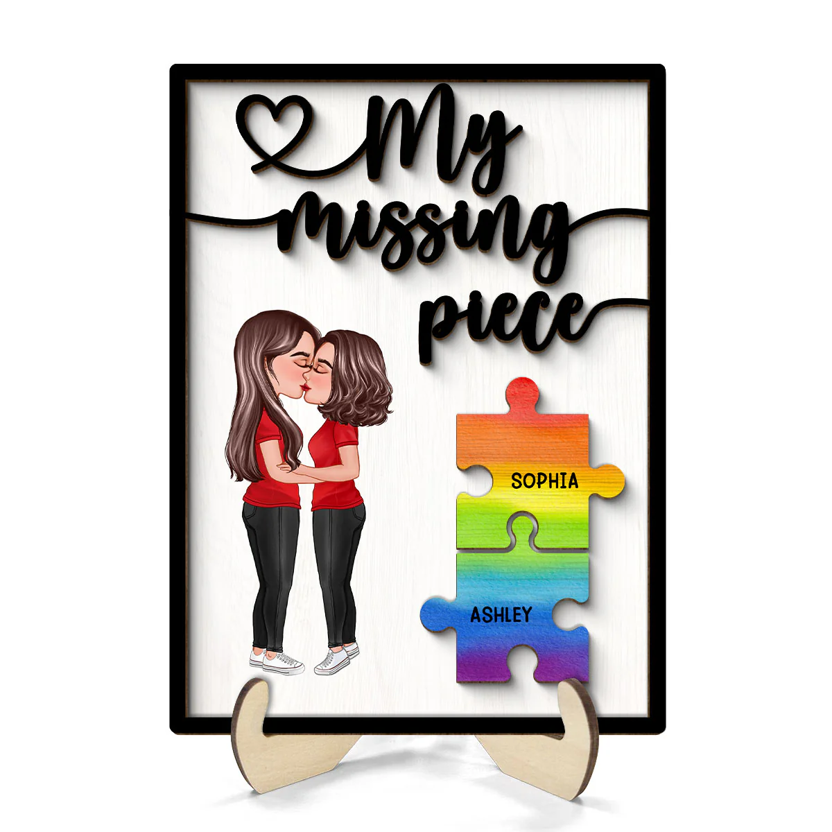 My Missing Piece Couple Kissing Puzzle Pieces LGBTQ+ Couple Pride Month Personalized 2-Layer Wooden Plaque