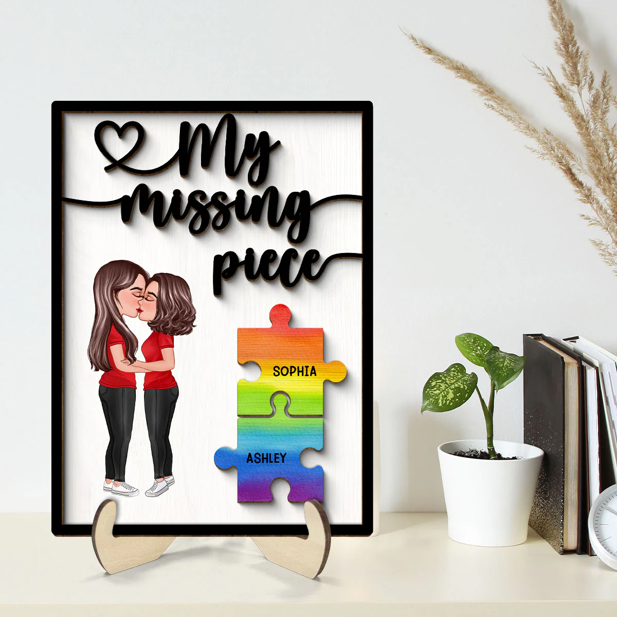 My Missing Piece Couple Kissing Puzzle Pieces LGBTQ+ Couple Pride Month Personalized 2-Layer Wooden Plaque - Image 2