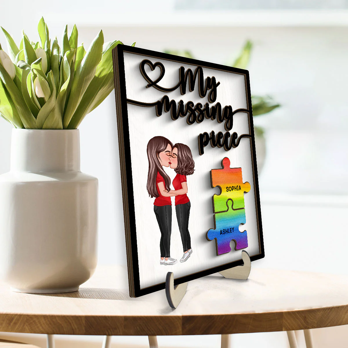 My Missing Piece Couple Kissing Puzzle Pieces LGBTQ+ Couple Pride Month Personalized 2-Layer Wooden Plaque - Image 3