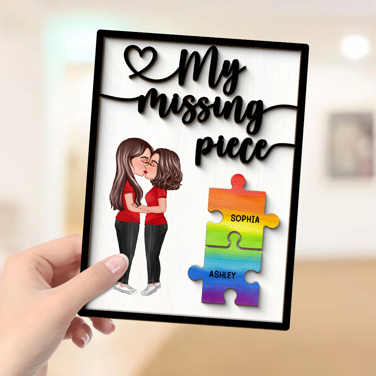 My Missing Piece Couple Kissing Puzzle Pieces LGBTQ+ Couple Pride Month Personalized 2-Layer Wooden Plaque - Image 4