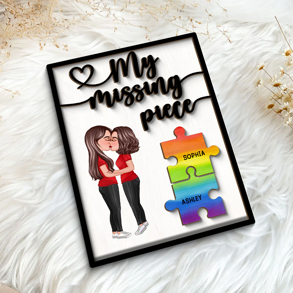 My Missing Piece Couple Kissing Puzzle Pieces LGBTQ+ Couple Pride Month Personalized 2-Layer Wooden Plaque - Image 5