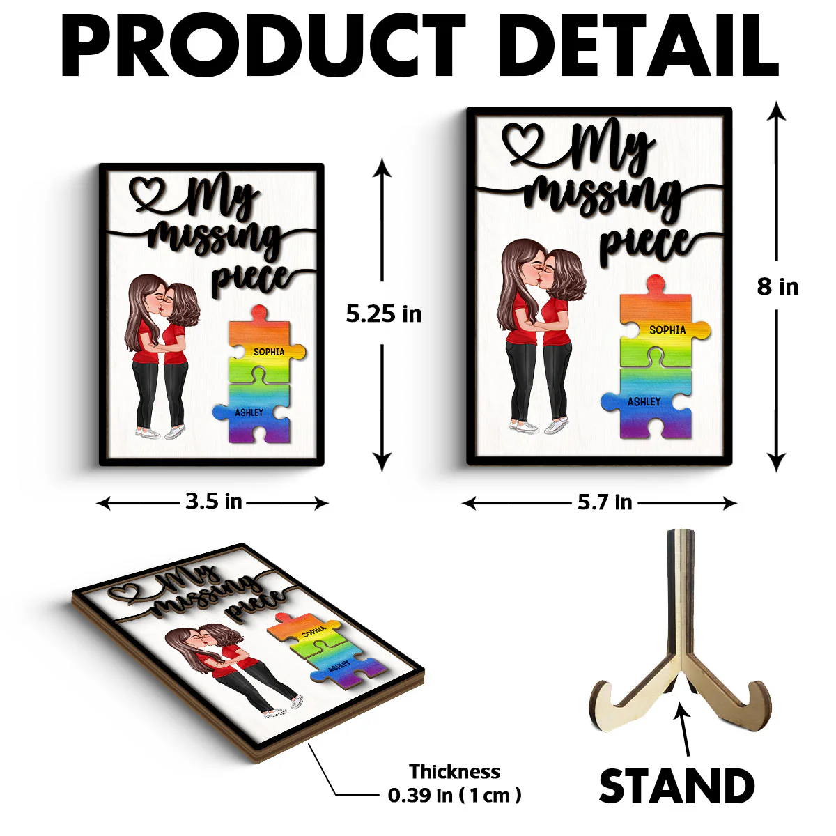 My Missing Piece Couple Kissing Puzzle Pieces LGBTQ+ Couple Pride Month Personalized 2-Layer Wooden Plaque - Image 6
