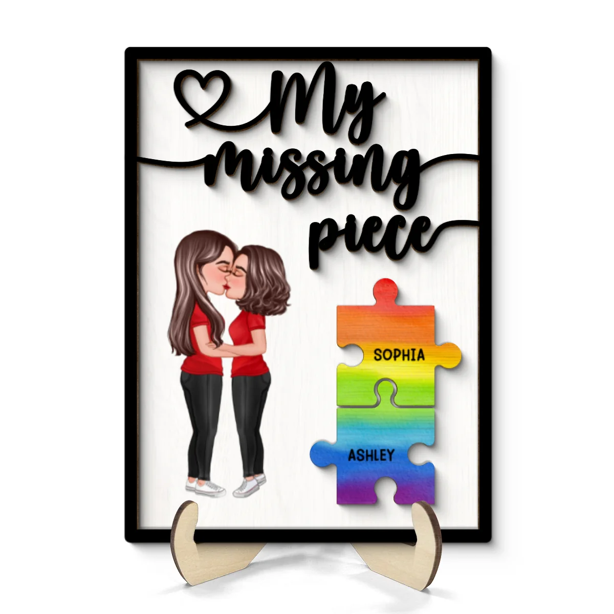 My Missing Piece Couple Kissing Puzzle Pieces LGBTQ+ Couple Pride Month Personalized 2-Layer Wooden Plaque - Image 8
