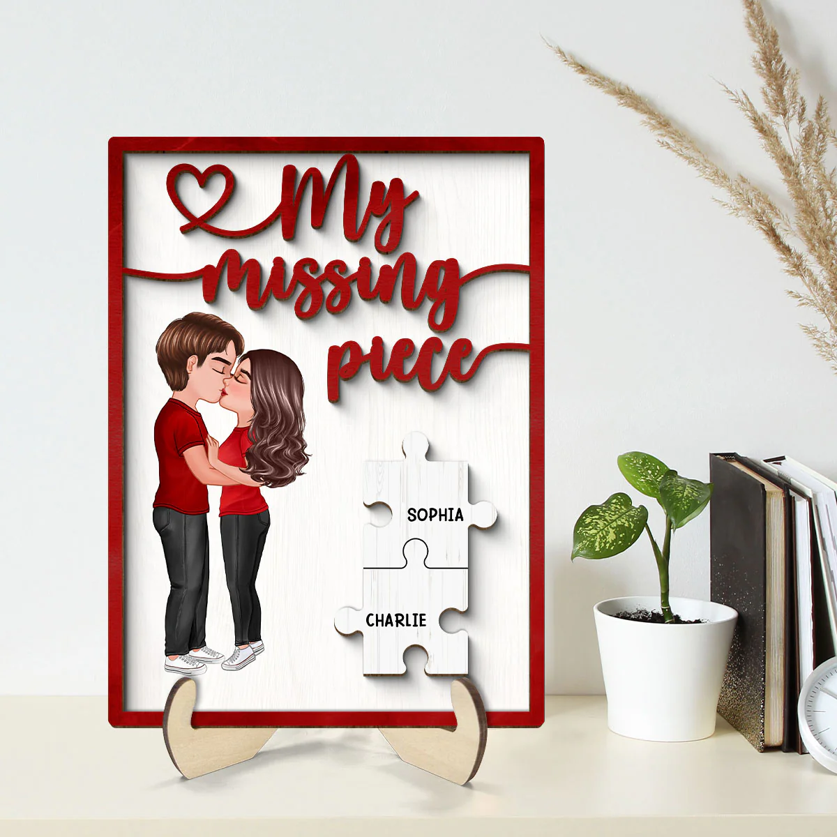 My Missing Piece Couple Kissing Red Themed Valentine‘s Day Gift For Her Gift For Him Personalized 2-Layer Wooden Plaque - Image 2