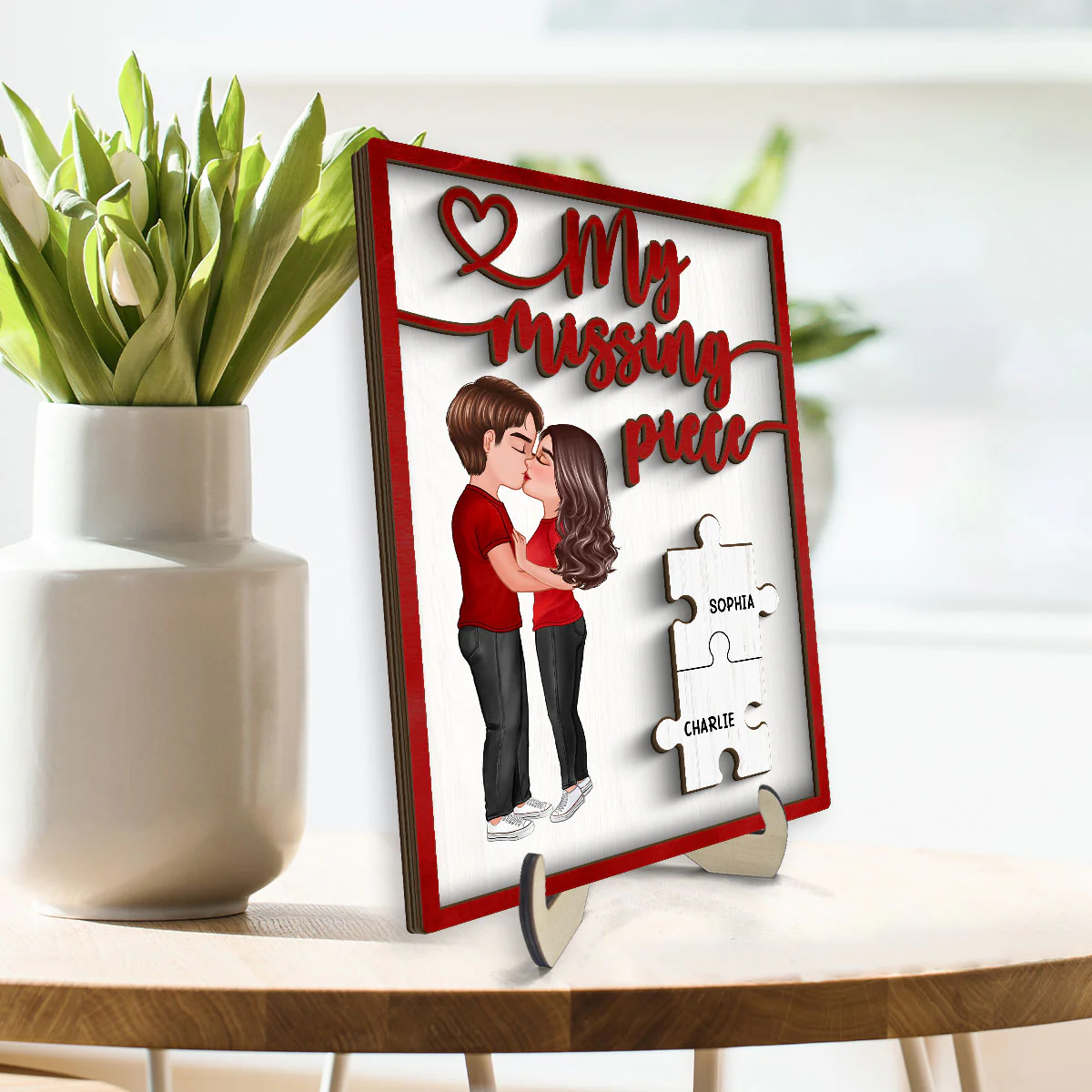 My Missing Piece Couple Kissing Red Themed Valentine‘s Day Gift For Her Gift For Him Personalized 2-Layer Wooden Plaque - Image 3