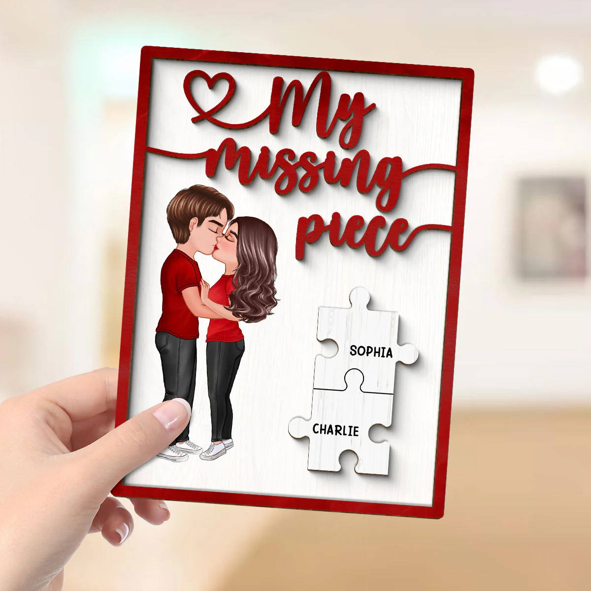 My Missing Piece Couple Kissing Red Themed Valentine‘s Day Gift For Her Gift For Him Personalized 2-Layer Wooden Plaque - Image 4