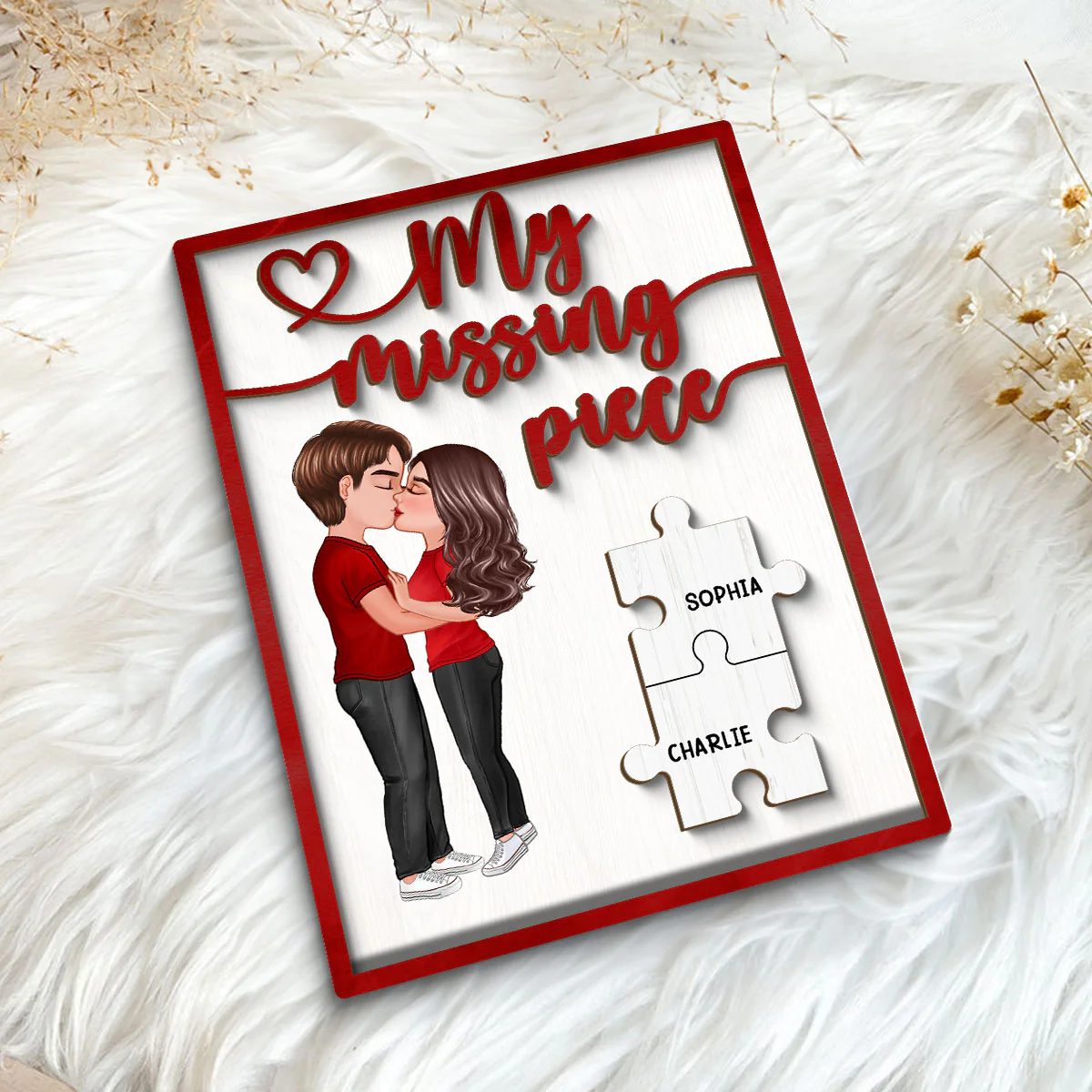 My Missing Piece Couple Kissing Red Themed Valentine‘s Day Gift For Her Gift For Him Personalized 2-Layer Wooden Plaque - Image 5