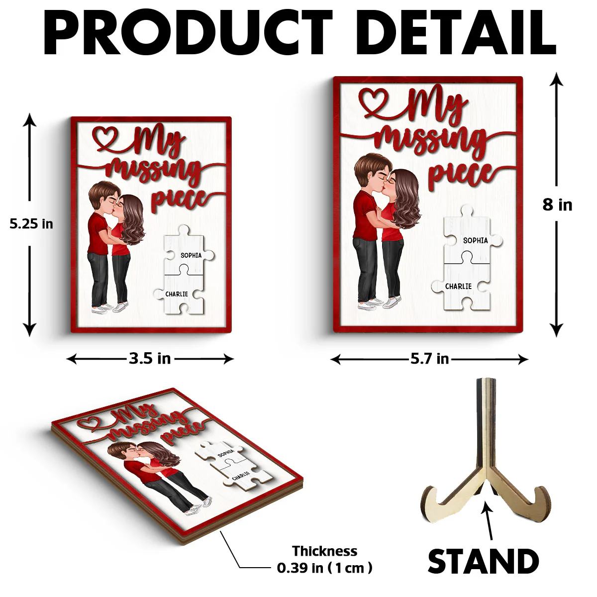My Missing Piece Couple Kissing Red Themed Valentine‘s Day Gift For Her Gift For Him Personalized 2-Layer Wooden Plaque - Image 6