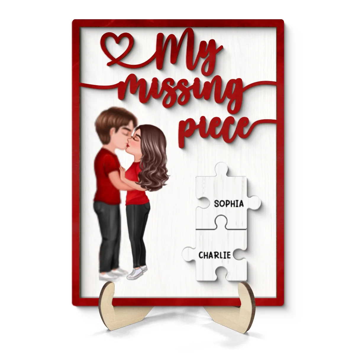 My Missing Piece Couple Kissing Red Themed Valentine‘s Day Gift For Her Gift For Him Personalized 2-Layer Wooden Plaque - Image 8