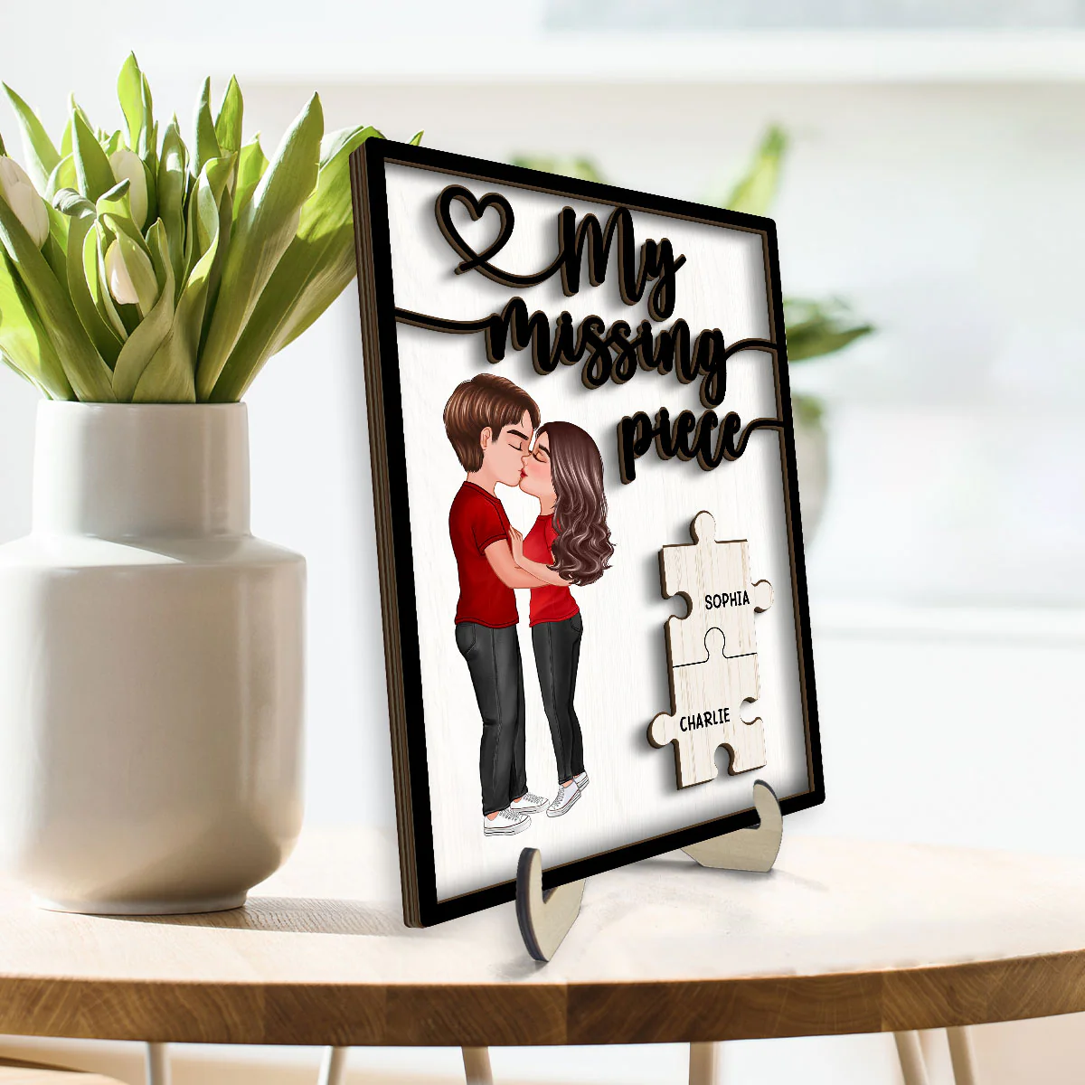 My Missing Piece Couple Kissing Valentine‘s Day Gift For Her Gift For Him Personalized 2-Layer Wooden Plaque - Image 3