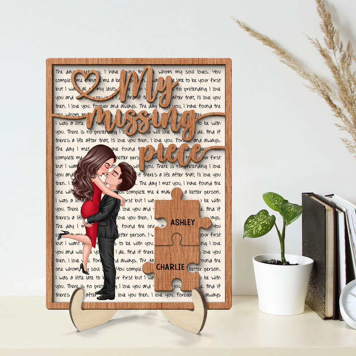My Missing Piece Couple Letters Background Personalized 2-Layer Wooden Plaque - Image 2