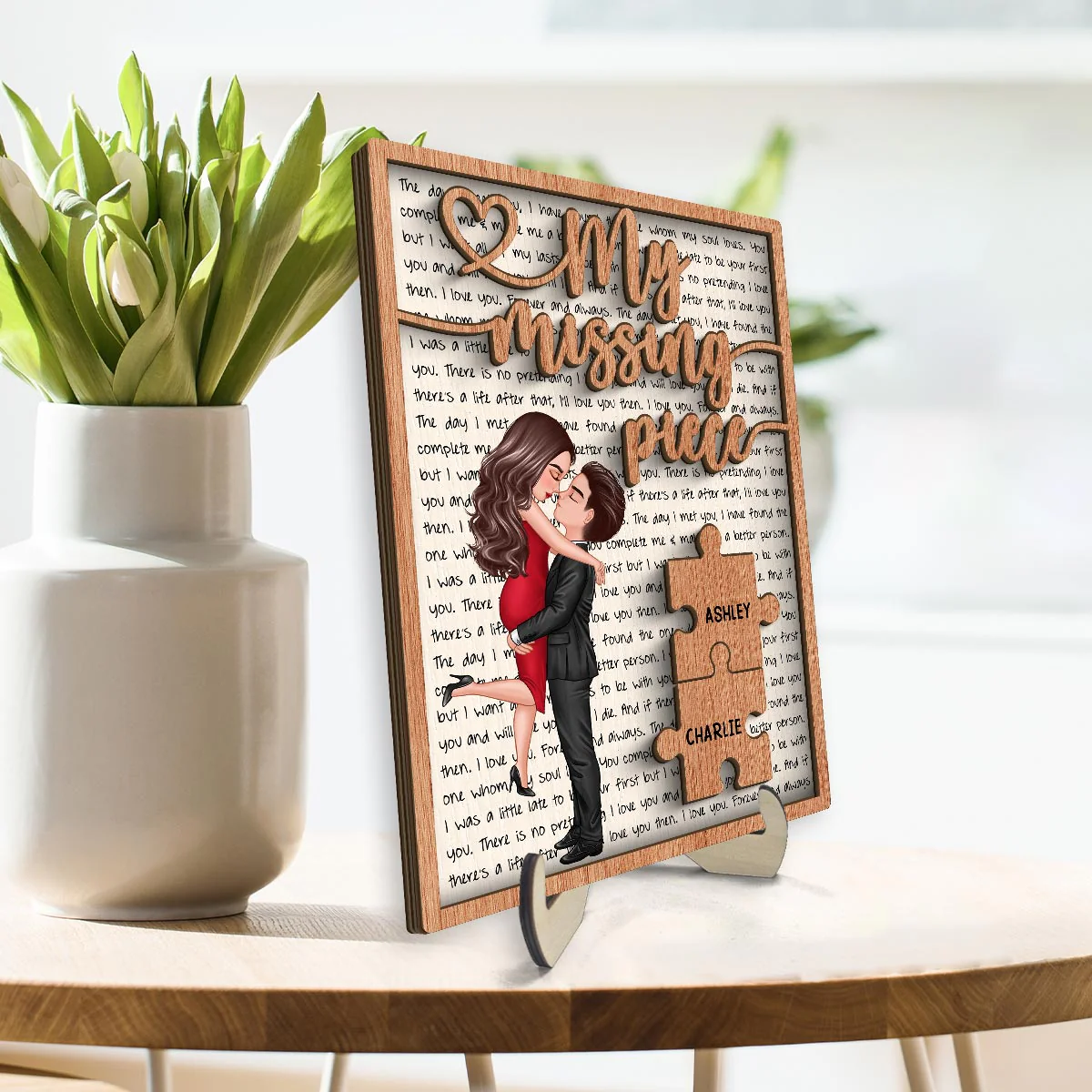 My Missing Piece Couple Letters Background Personalized 2-Layer Wooden Plaque - Image 3