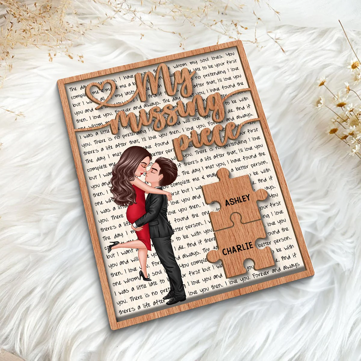 My Missing Piece Couple Letters Background Personalized 2-Layer Wooden Plaque - Image 5