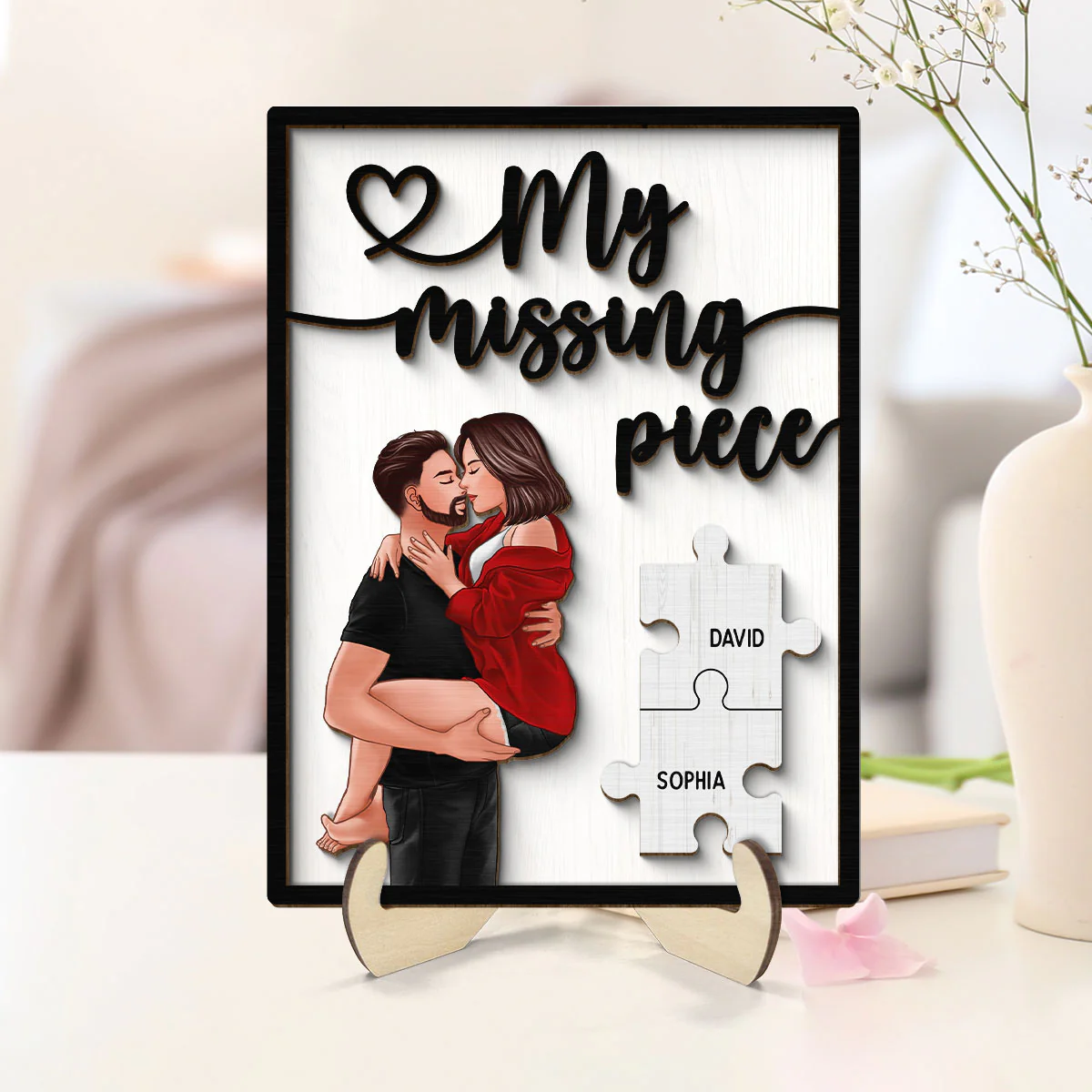 My Missing Piece Couple Man Holding Woman Kissing Valentine‘s Day Gift For Her Gift For Him Personalized 2-Layer Wooden Plaque - Image 2