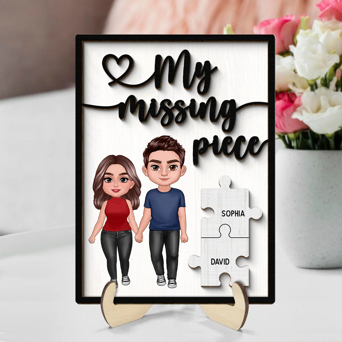 My Missing Piece Couple Standing Holding Hands Valentine‘s Day Gift For Her Gift For Him Personalized 2-Layer Wooden Plaque - Image 2