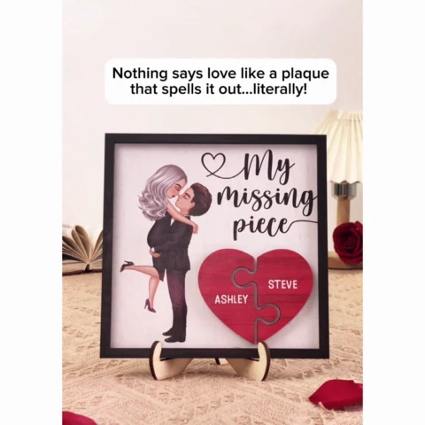 My Missing Piece Doll Couple Hugging Kissing Heart Piece Personalized 2-Layer Wooden Plaque - Image 2