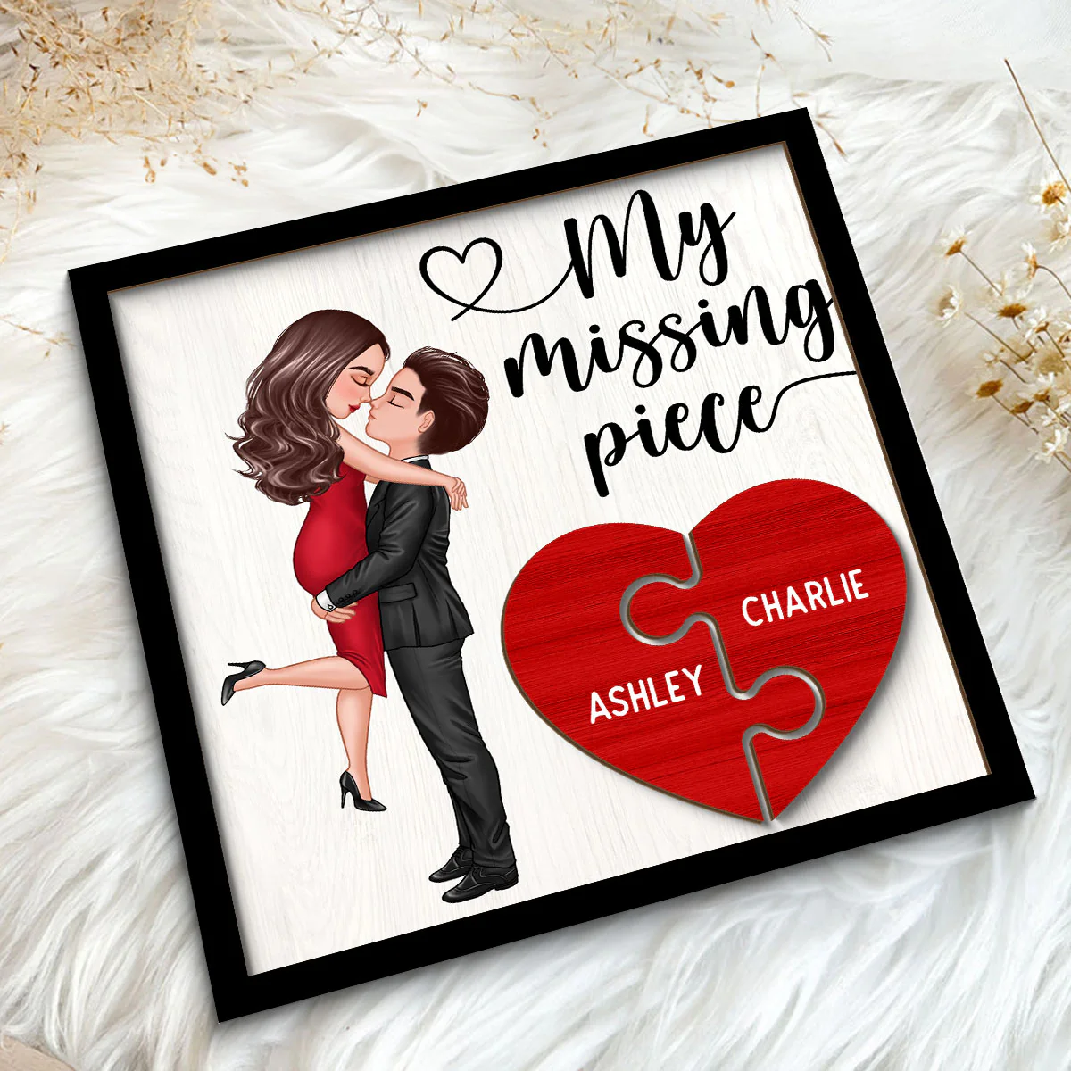 My Missing Piece Doll Couple Hugging Kissing Heart Piece Personalized 2-Layer Wooden Plaque - Image 6