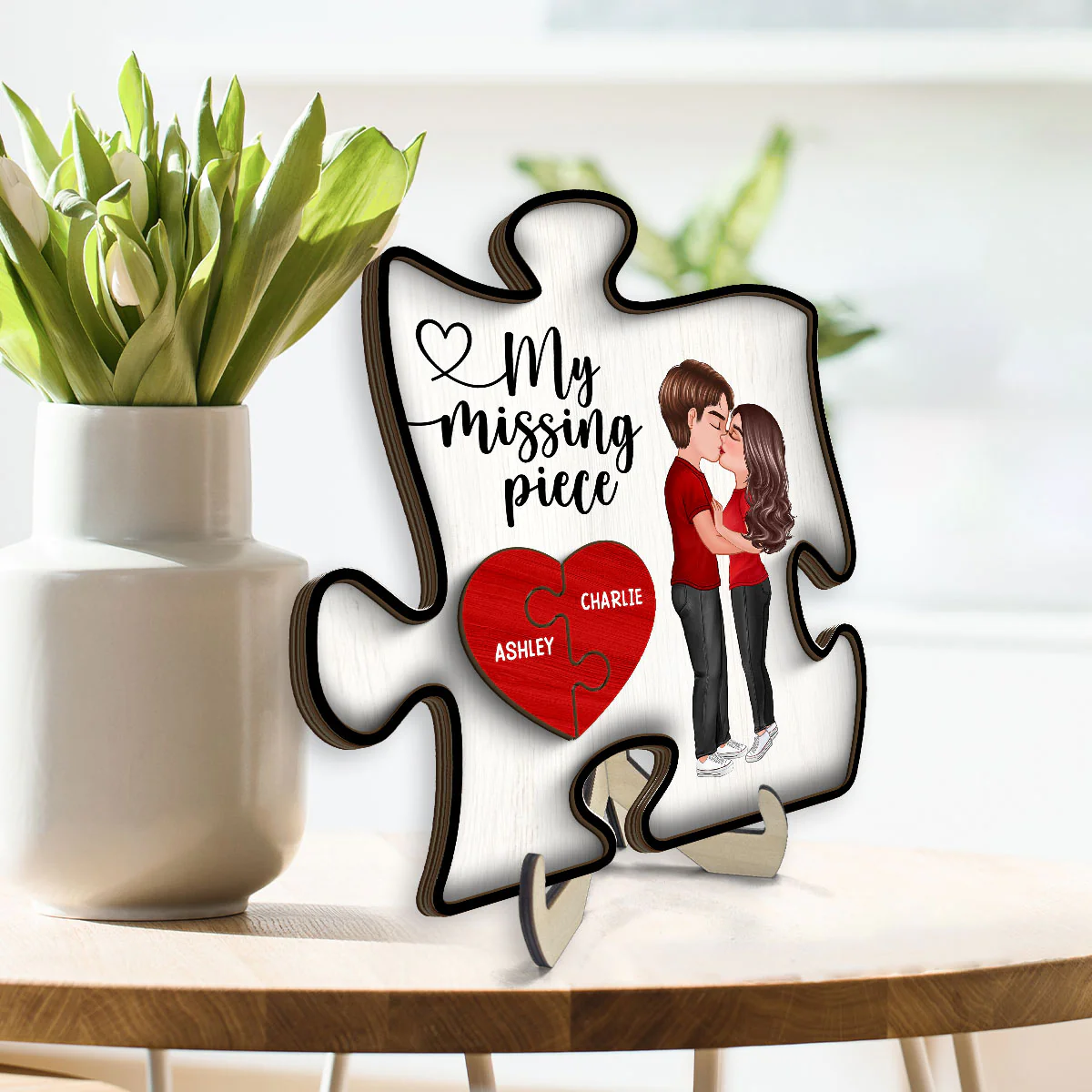 My Missing Piece Doll Couple Kissing Valentine‘s Day Gift Puzzle Shaped Personalized 2-Layer Wooden Plaque - Image 3