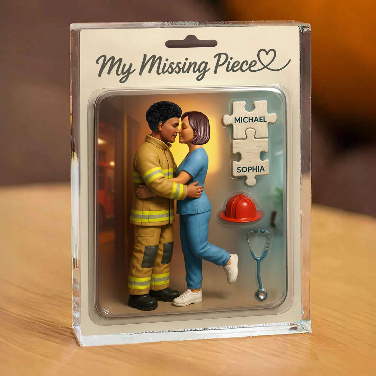 My Missing Piece Firefighter Nurse Couple Personalized Acrylic Block Plaque, Gift for Him, Gift for Her - Image 2