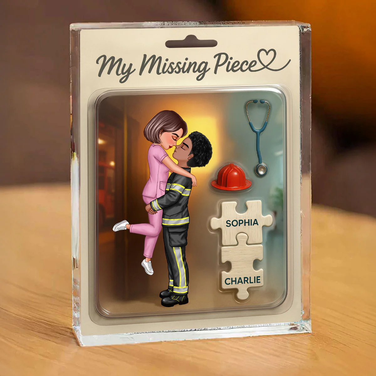 My Missing Piece Firefighter Nurse Doll Couple Personalized Acrylic Block Plaque, Gift for Him, Gift for Her - Image 2