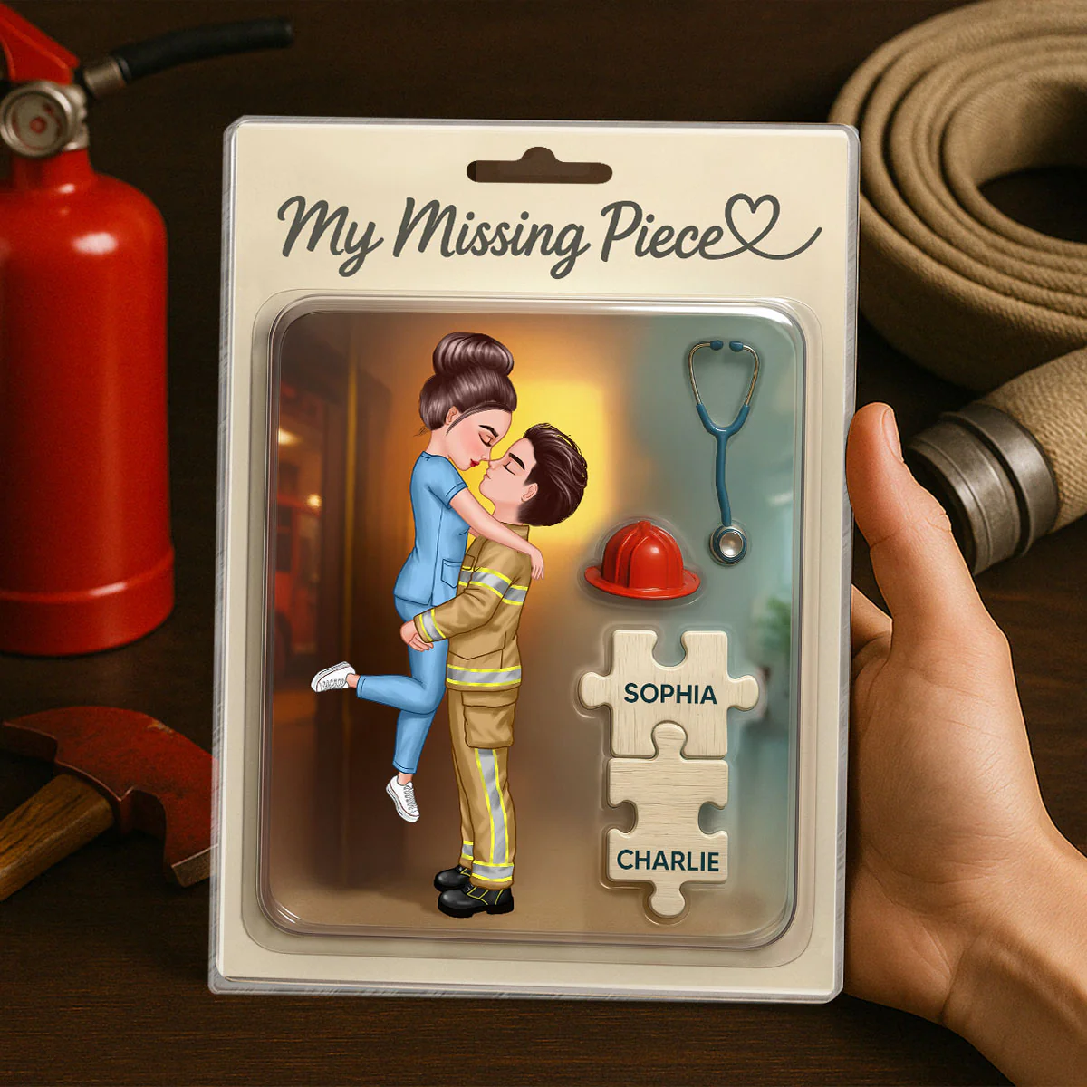 My Missing Piece Firefighter Nurse Doll Couple Personalized Acrylic Block Plaque, Gift for Him, Gift for Her - Image 3