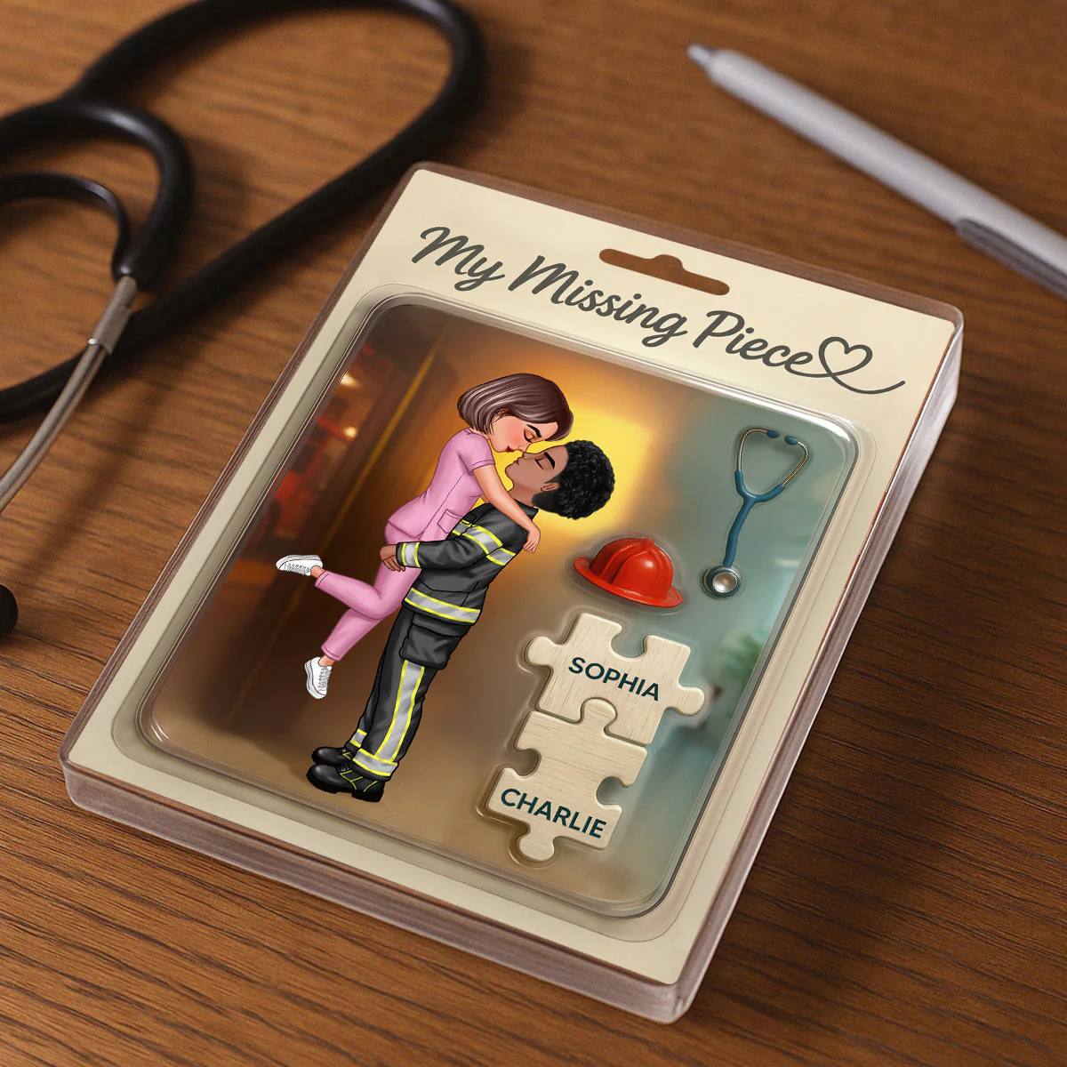 My Missing Piece Firefighter Nurse Doll Couple Personalized Acrylic Block Plaque, Gift for Him, Gift for Her - Image 4