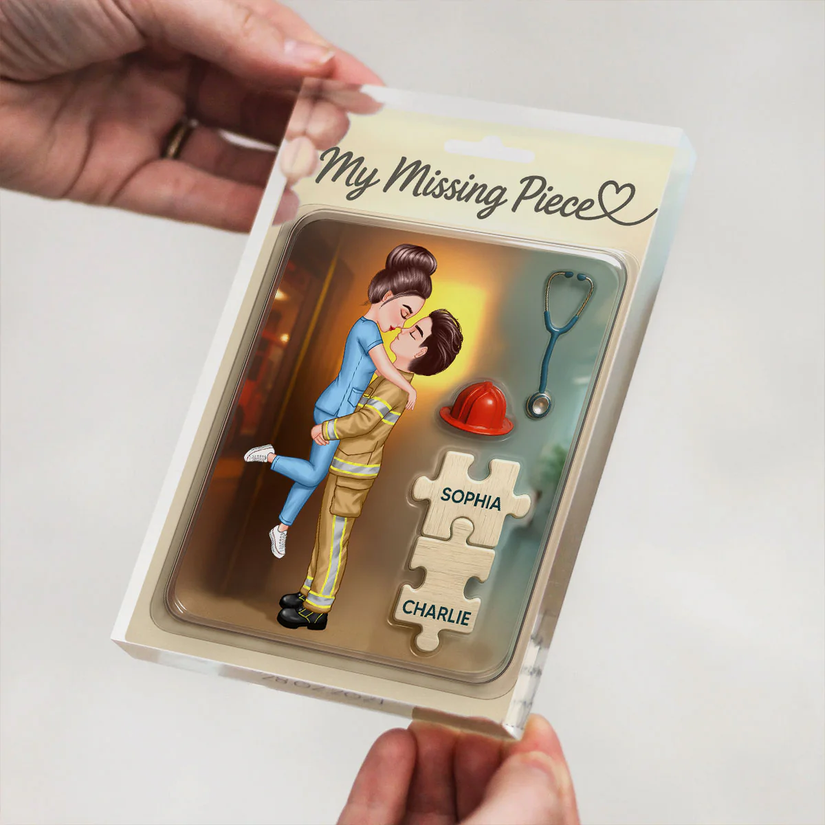 My Missing Piece Firefighter Nurse Doll Couple Personalized Acrylic Block Plaque, Gift for Him, Gift for Her - Image 6