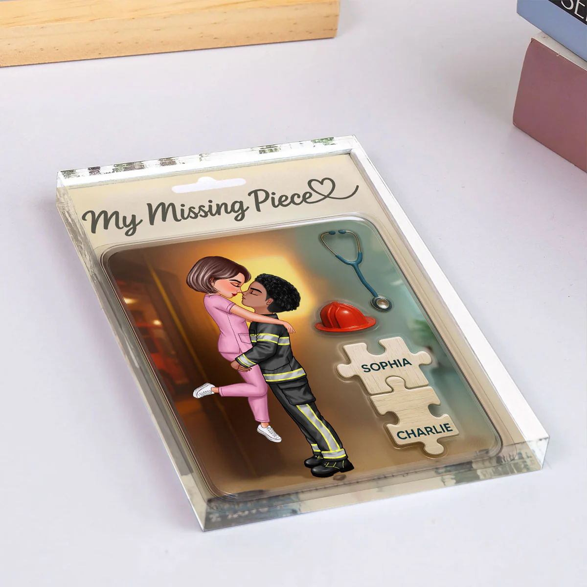 My Missing Piece Firefighter Nurse Doll Couple Personalized Acrylic Block Plaque, Gift for Him, Gift for Her - Image 7