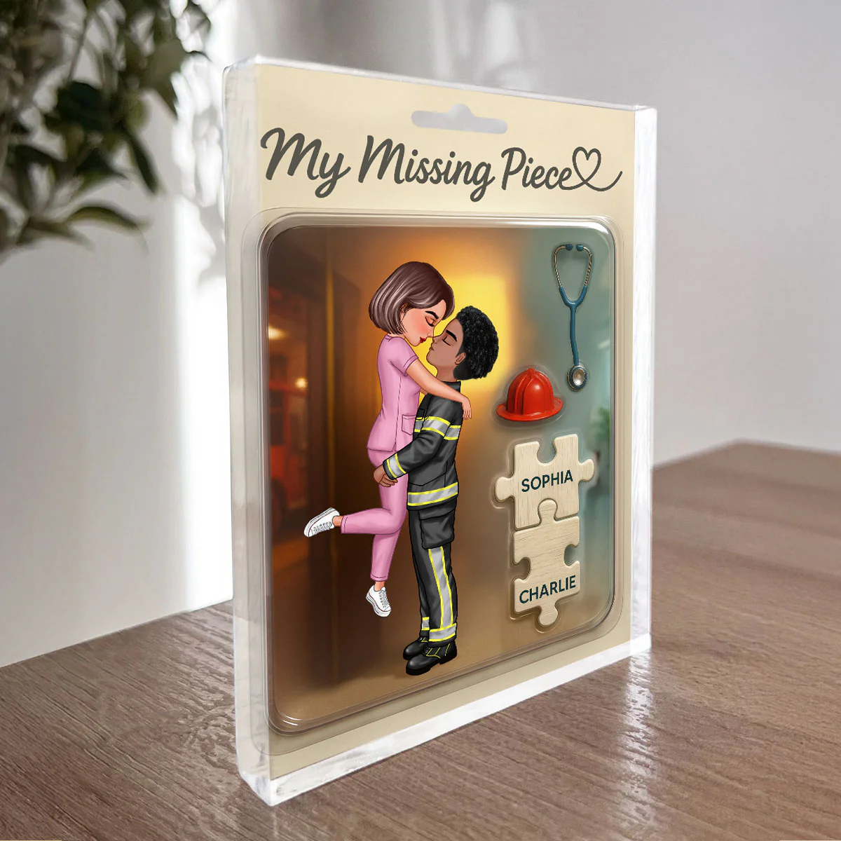 My Missing Piece Firefighter Nurse Doll Couple Personalized Acrylic Block Plaque, Gift for Him, Gift for Her - Image 8