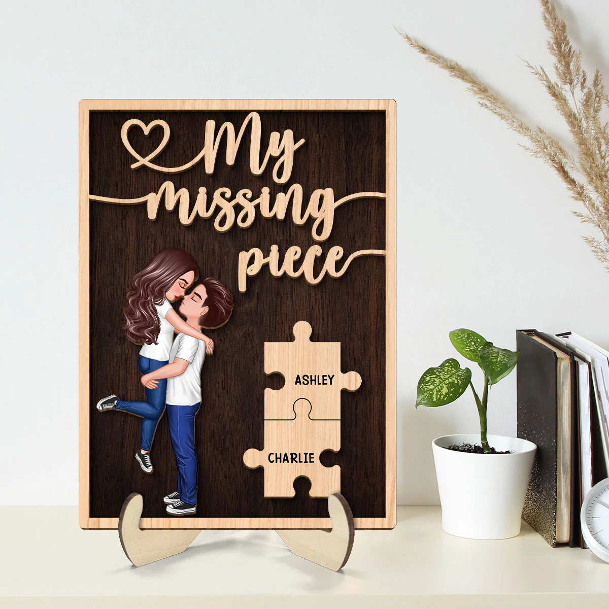 My Missing Piece Hugging Kissing Couple Dark Theme Valentine‘s Day Gift For Her Gift For Him Personalized 2-Layer Wooden Plaque - Image 2