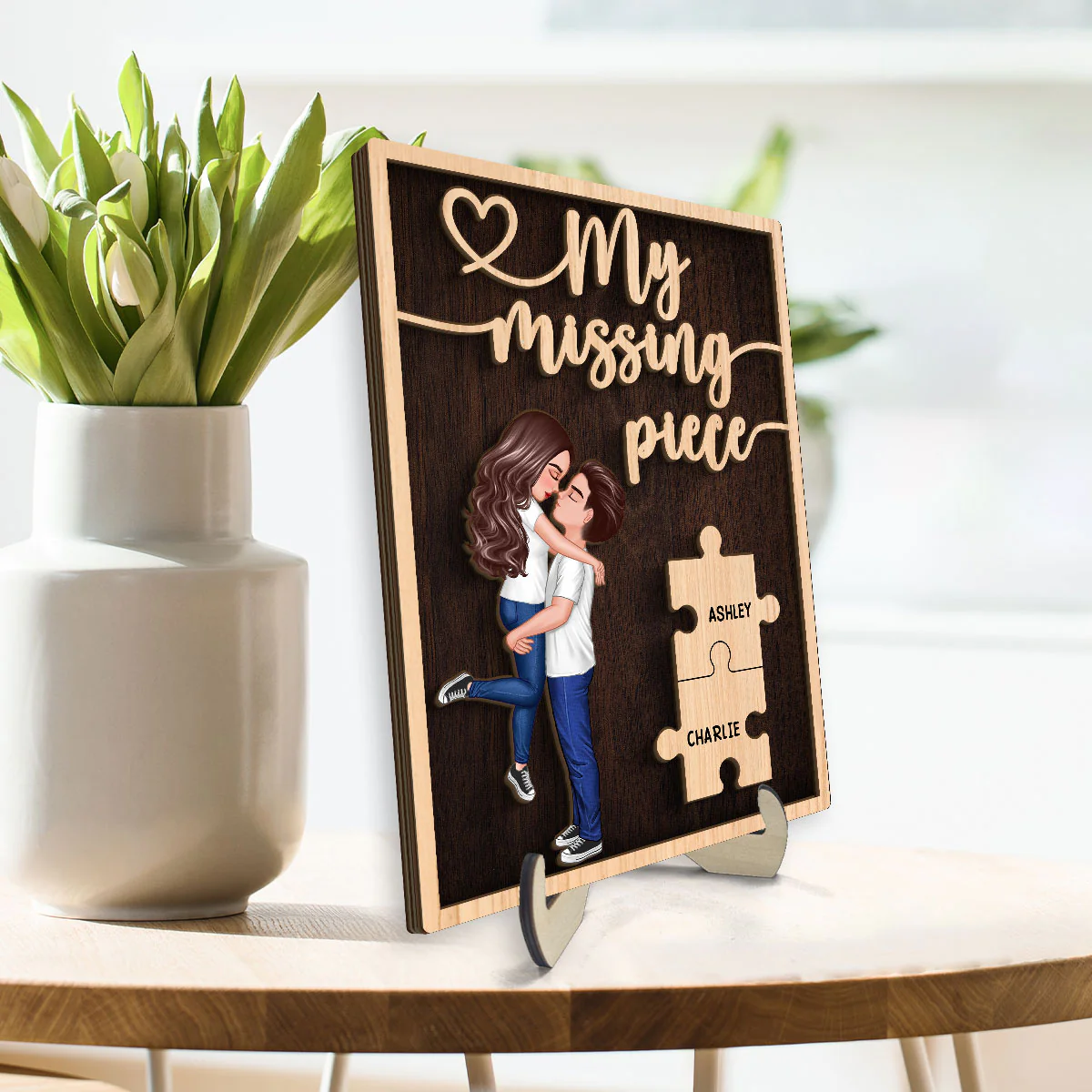 My Missing Piece Hugging Kissing Couple Dark Theme Valentine‘s Day Gift For Her Gift For Him Personalized 2-Layer Wooden Plaque - Image 3