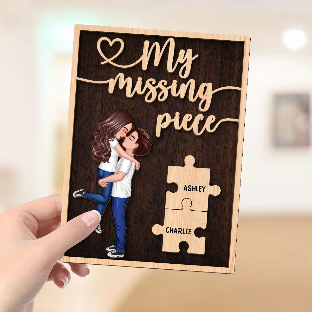 My Missing Piece Hugging Kissing Couple Dark Theme Valentine‘s Day Gift For Her Gift For Him Personalized 2-Layer Wooden Plaque - Image 4