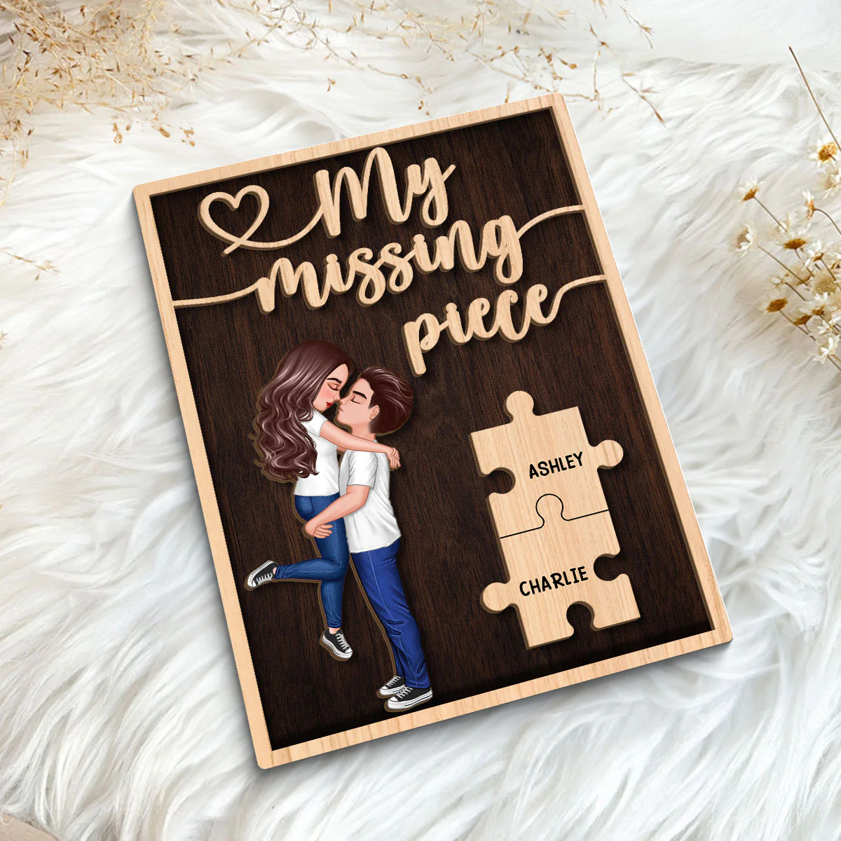 My Missing Piece Hugging Kissing Couple Dark Theme Valentine‘s Day Gift For Her Gift For Him Personalized 2-Layer Wooden Plaque - Image 5