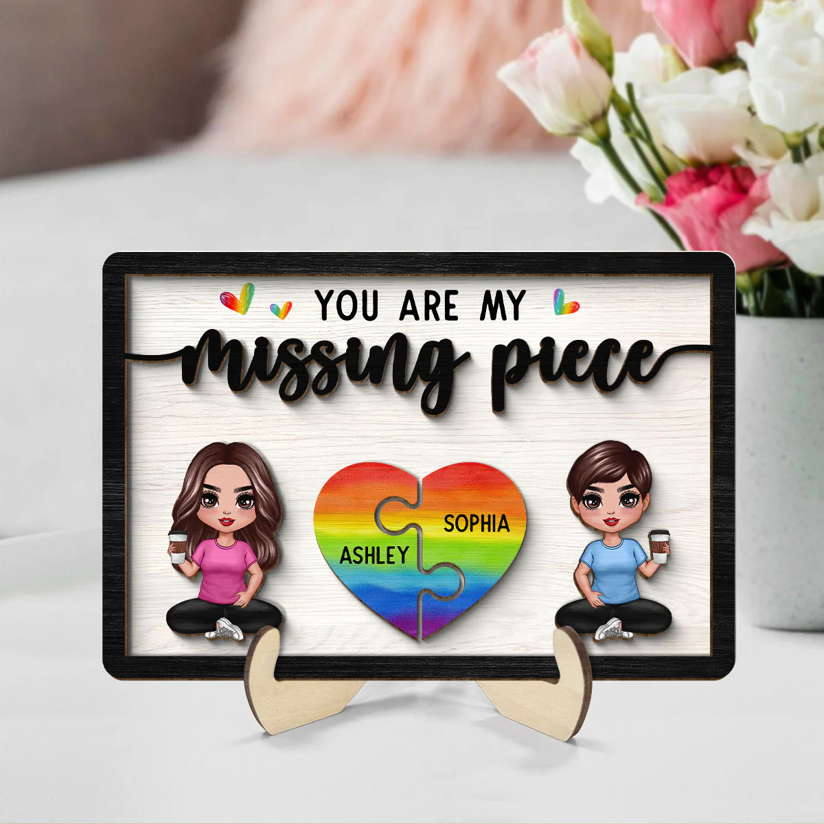 My Missing Piece LGBTQ+ Couple Sitting Valentine‘s Day Gift For Her Gift For Him Personalized 2-Layer Wooden Plaque - Image 2