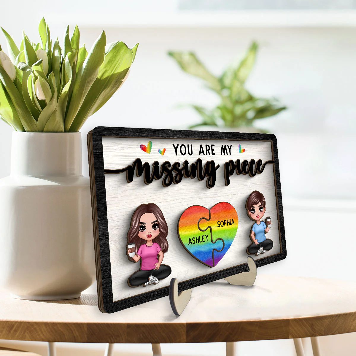 My Missing Piece LGBTQ+ Couple Sitting Valentine‘s Day Gift For Her Gift For Him Personalized 2-Layer Wooden Plaque - Image 3
