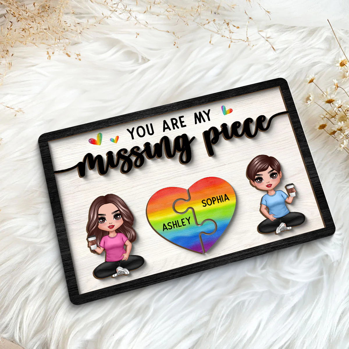 My Missing Piece LGBTQ+ Couple Sitting Valentine‘s Day Gift For Her Gift For Him Personalized 2-Layer Wooden Plaque - Image 5