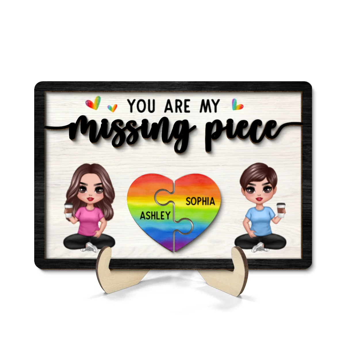 My Missing Piece LGBTQ+ Couple Sitting Valentine‘s Day Gift For Her Gift For Him Personalized 2-Layer Wooden Plaque - Image 7