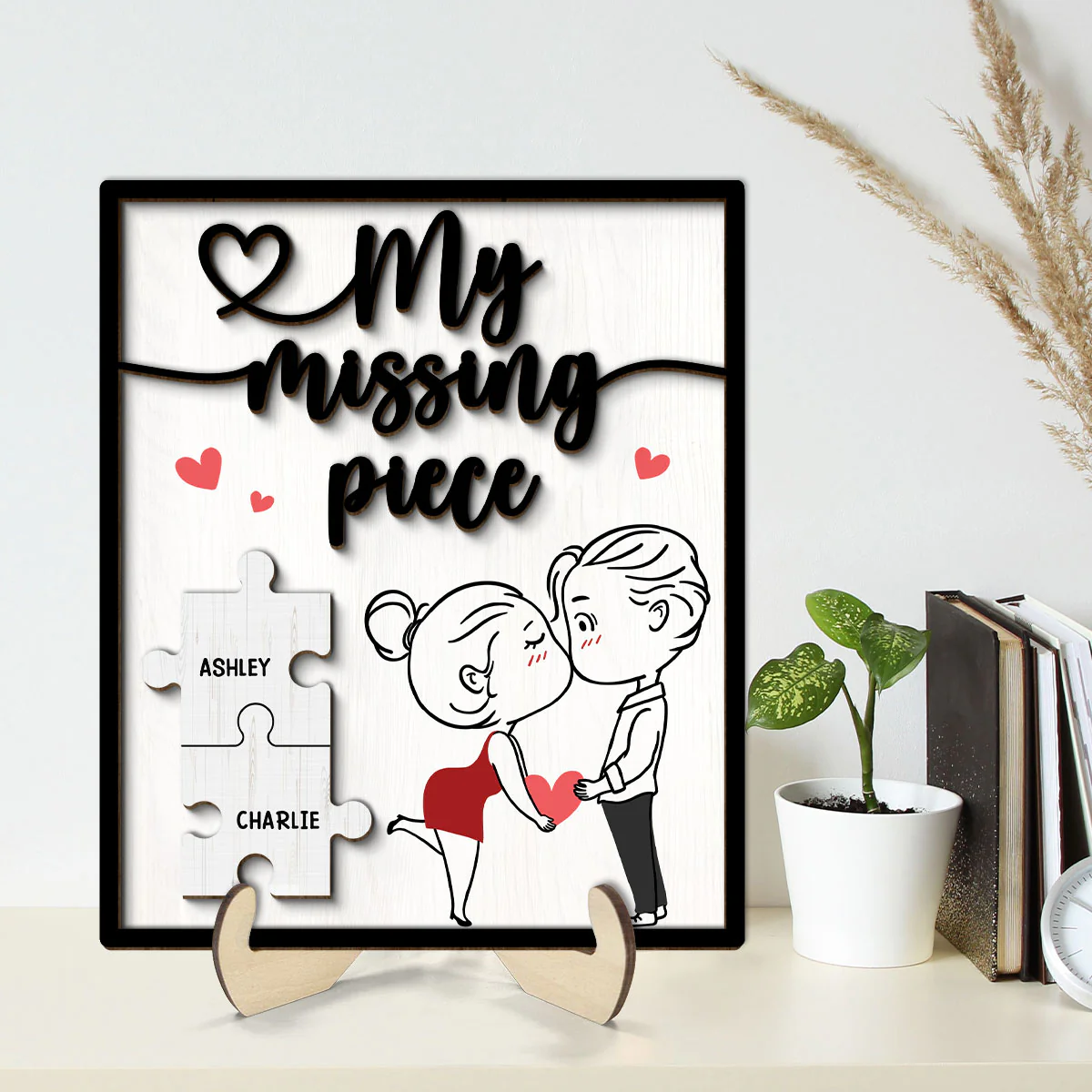 My Missing Piece Line Art Couple Valentine‘s Day Gift For Her Gift For Him Personalized 2-Layer Wooden Plaque - Image 2